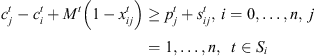 $$ {c}_j^t-{c}_i^t+{M}^t\left(1-{x}_{{ij}}^t\right)\ge {p}_j^t+{s}_{{ij}}^t,\enspace i=0,\dots,n,\enspace j=1,\dots,n,\hspace{0.5em}t\in {S}_i $$