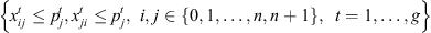 $$ \left\{\begin{array}{c}{x}_{{ij}}^t\le {p}_j^t,\\ {x}_{{ji}}^t\le {p}_j^t,\end{array}\hspace{0.5em}i,j\in \left\{\mathrm{0,1},\dots,n,n+1\right\},\hspace{0.5em}t=1,\dots,g\right\} $$