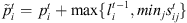 $ {\mathop{p}\limits^\tilde}_i^t=\enspace {p}_i^t+\mathrm{max}\{{l}_{i\enspace }^{t-1},{{min}}_j{s}_{{ij}}^t\}$